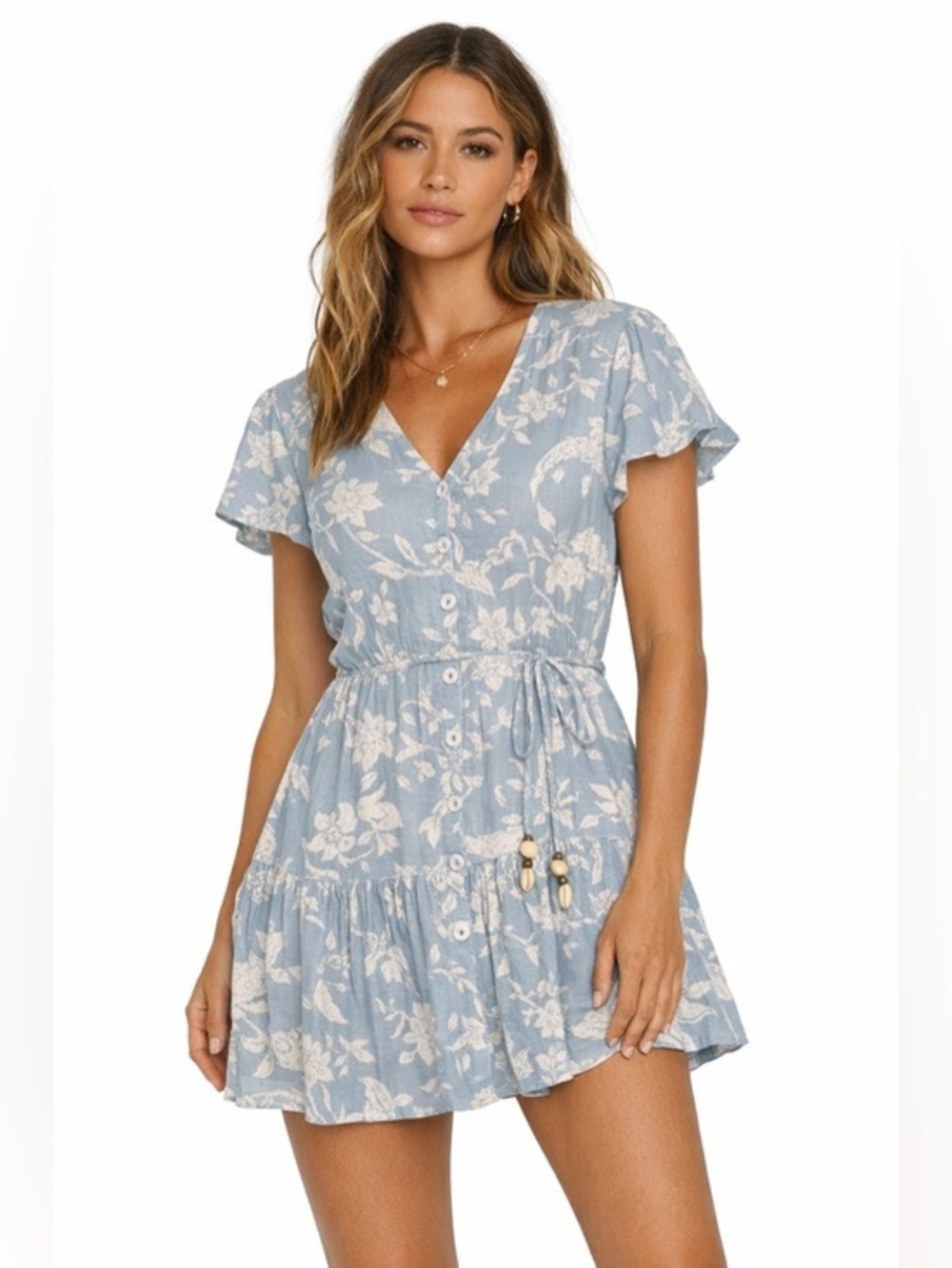 KIVARI Cove Mini Dress Blue Floral • Shell Tie Waist • AUS 12 / US 8